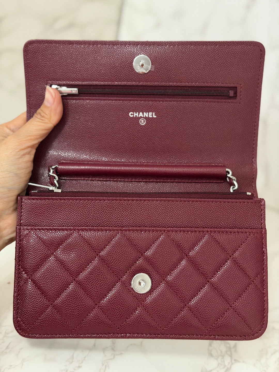 CHANEL 2024 Burgundy Caviar SHW Classic Wallet on chain (WOC) with crystal CC Logo
