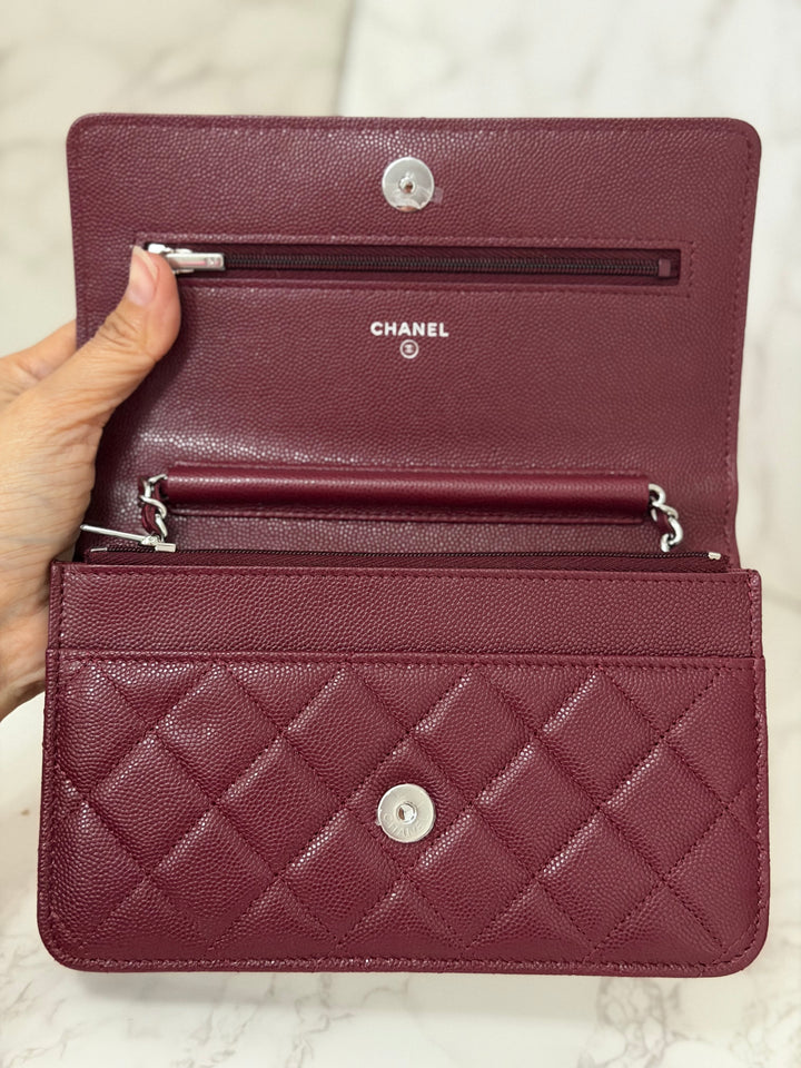 CHANEL 2024 Burgundy Caviar SHW Classic Wallet on chain (WOC) with crystal CC Logo