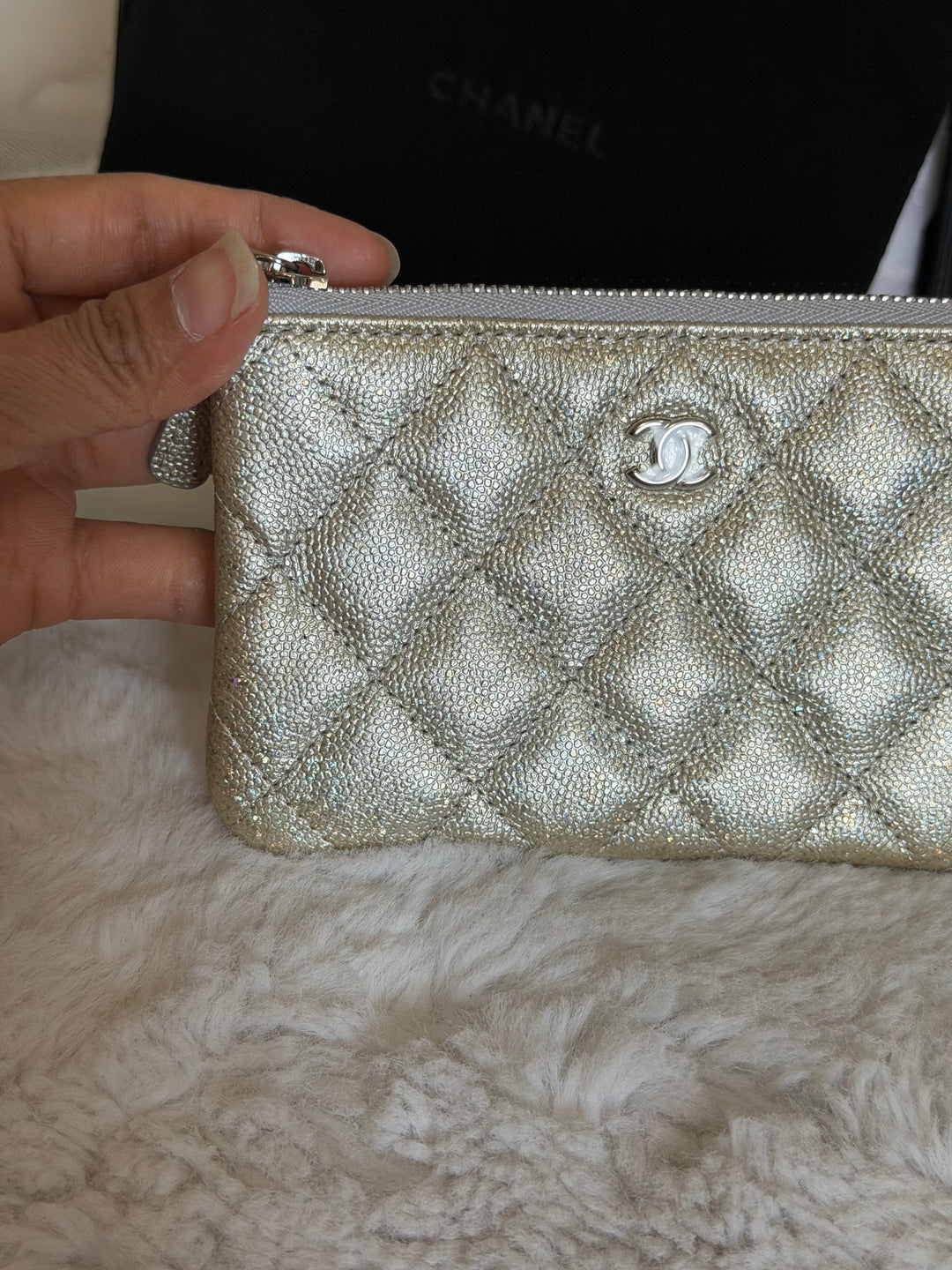 CHANEL 21K Glittery Silver Caviar SHW Mini O Case/Pouch 2021