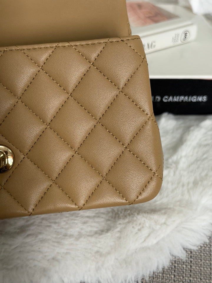CHANEL Dark Beige Lambskin LGHW Mini Rectangular Flap Bag with Top Handle 2023