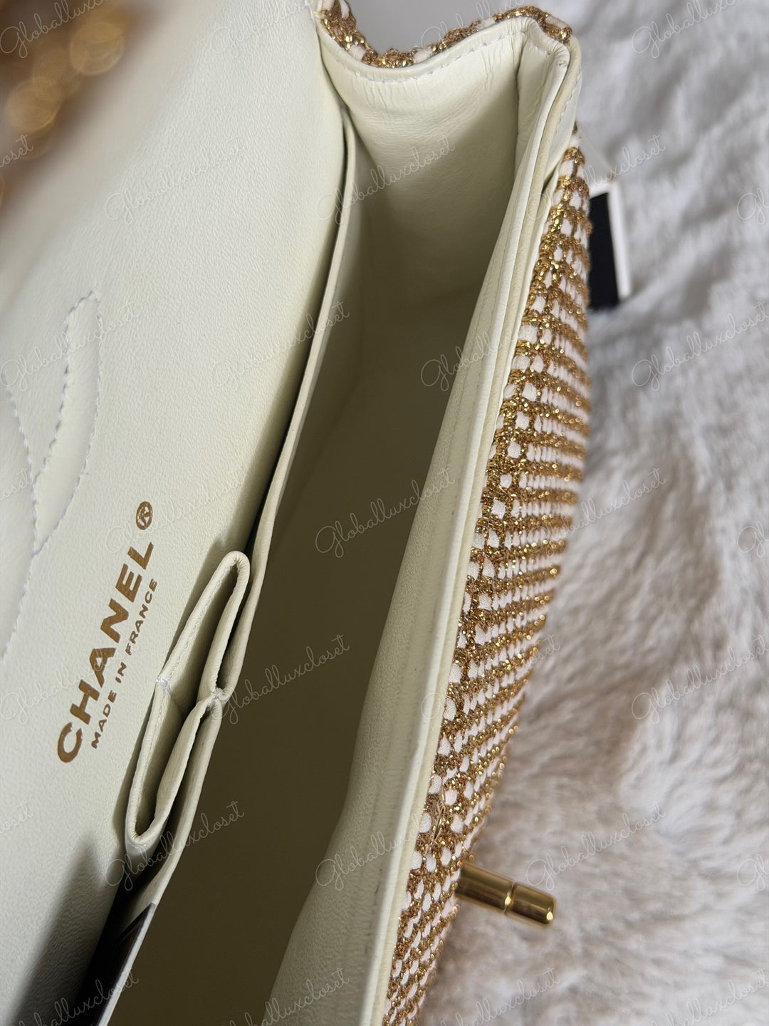CHANEL series 17 Beige/Ivory Gold Tweed Medium ML Timeless Classic Double Flap Bag 2012 with LGHW