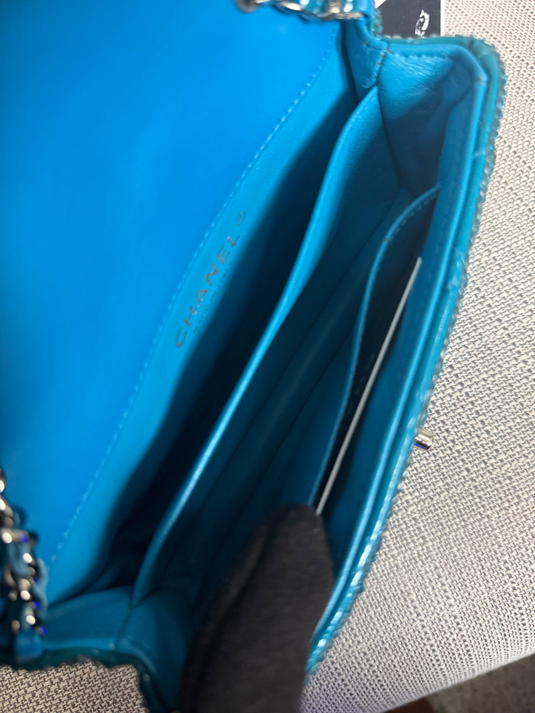 CHANEL series 21 Turquoise Teal Green Blue Diamanté Swarovski Crystal Strasssd Extra Mini Flap Bag with SHW *unicorn* RARE