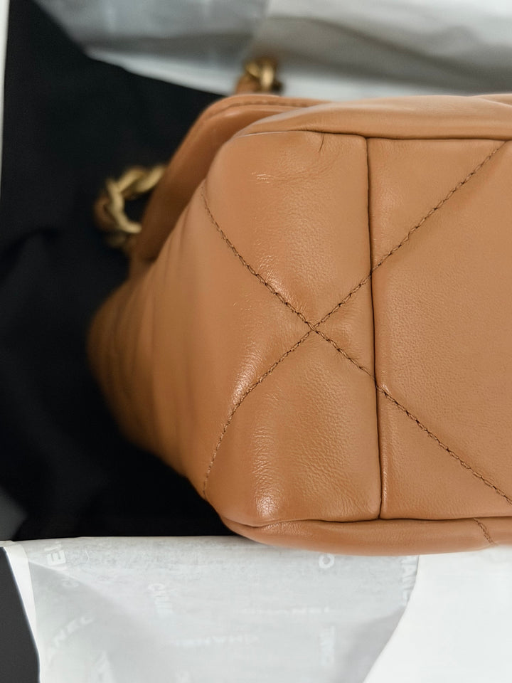 CHANEL Caramel Brown Lambskin Mixed Hardware 19 Size Small Medium Flap bag from 2022