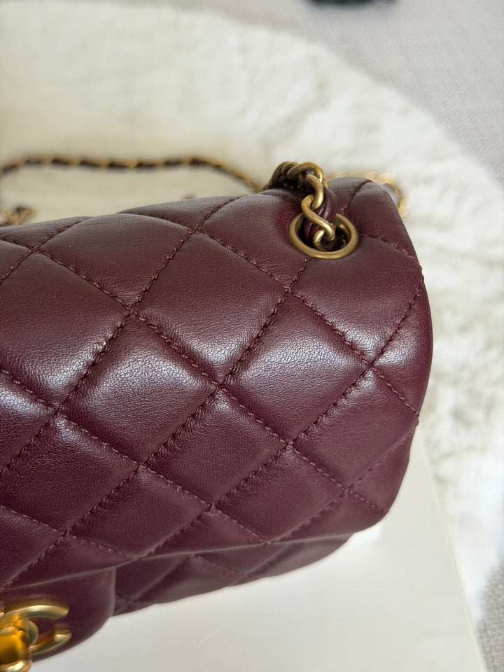 CHANEL 21B Burgundy Lambskin Aged GHW Pearl Crush Mini Rectangular Flap Bag 2021