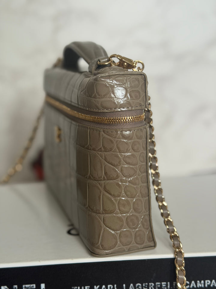 CHANEL 26A Etoupe Khaki Croc Embossed Calf skin LGHW LP Long Vanity size Medium 23 cms with detachable chain 2026