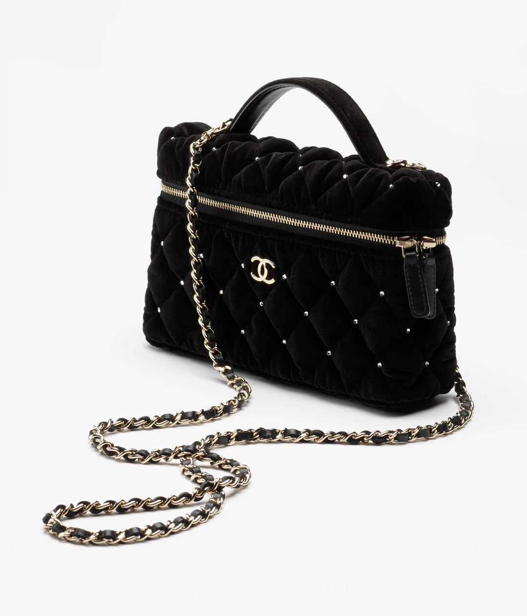 CHANEL 25K 2025 Black Velvet Diamanté Long Vanity with Detachable chain LGHW