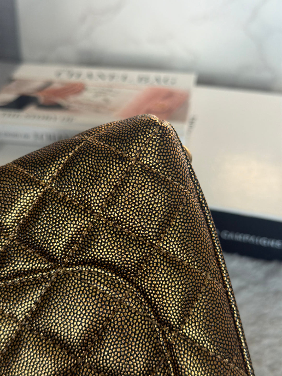 CHANEL series 28 19A Metallic Bronze Gold Caviar Aged GHW Coco Handle Flap Bag size SMALL with detachable shoulder strap 2019