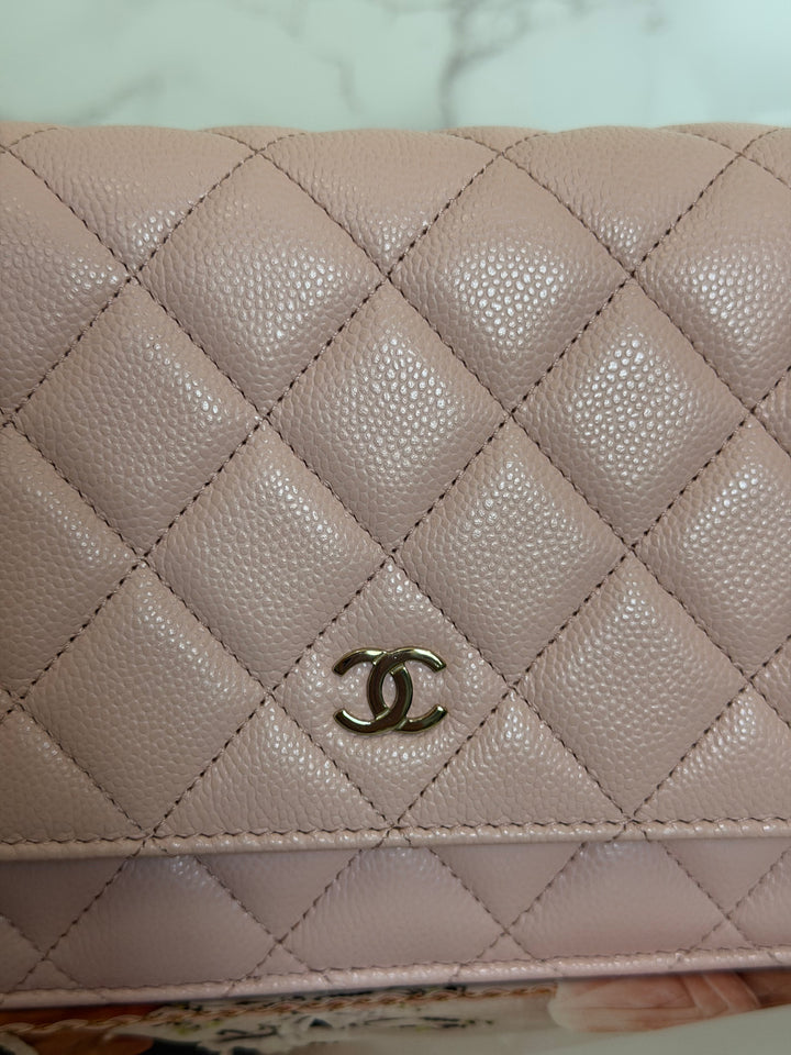 CHANEL Light pink/Nude pink caviar LGHW Classic Wallet on chain (WOC) 2024