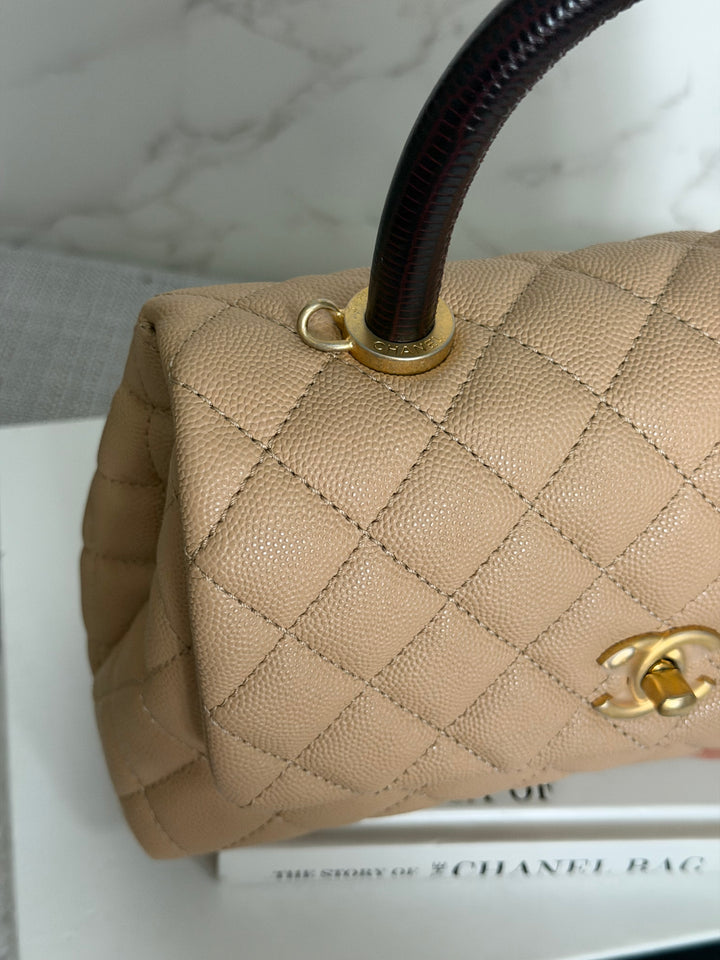 CHANEL series 29 Beige Caviar Aged GHW Deep burgundy Lizard Handle Coco Handle size Small 2019/2020