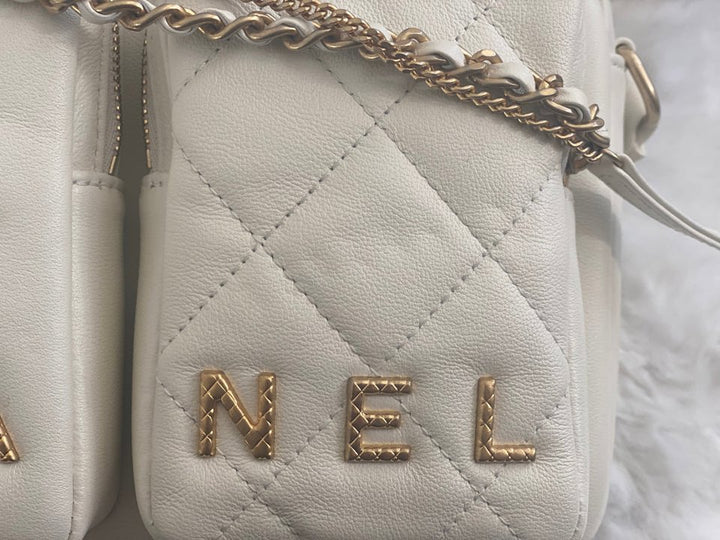 Chanel 22C White Calfskin GHW Small Camera Case Bag with Adjustable Strap