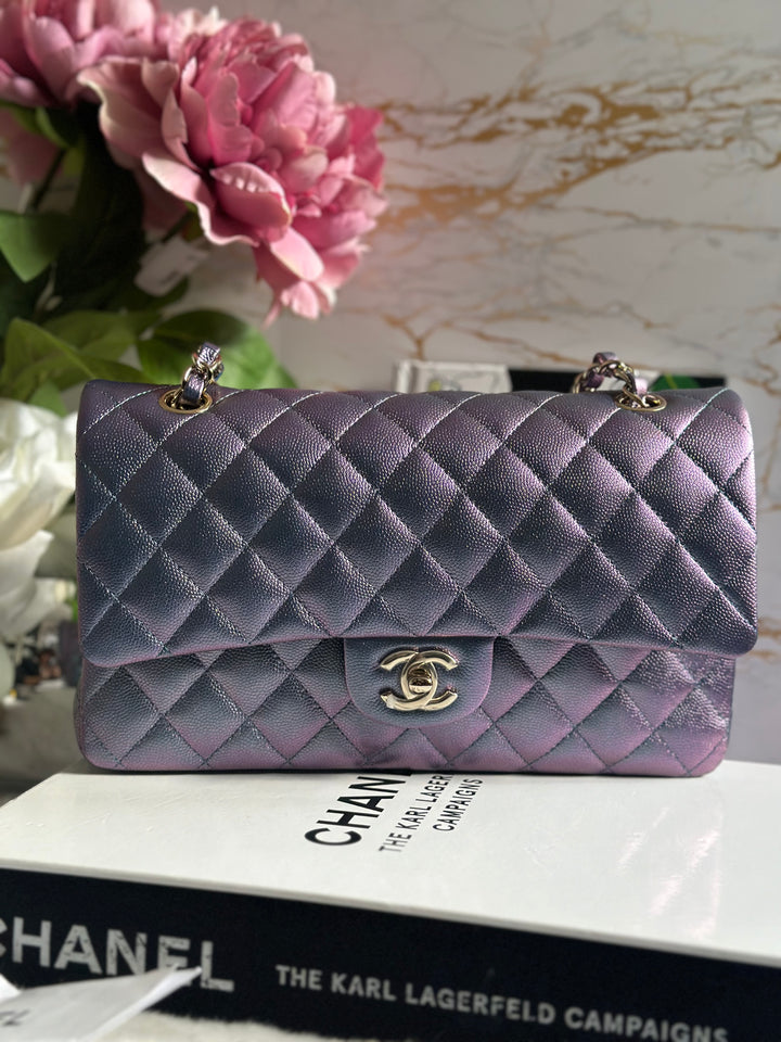 Chanel 22P Iridescent Purple Caviar LGHW Medium ML Timeless Classic Double Flap Bag