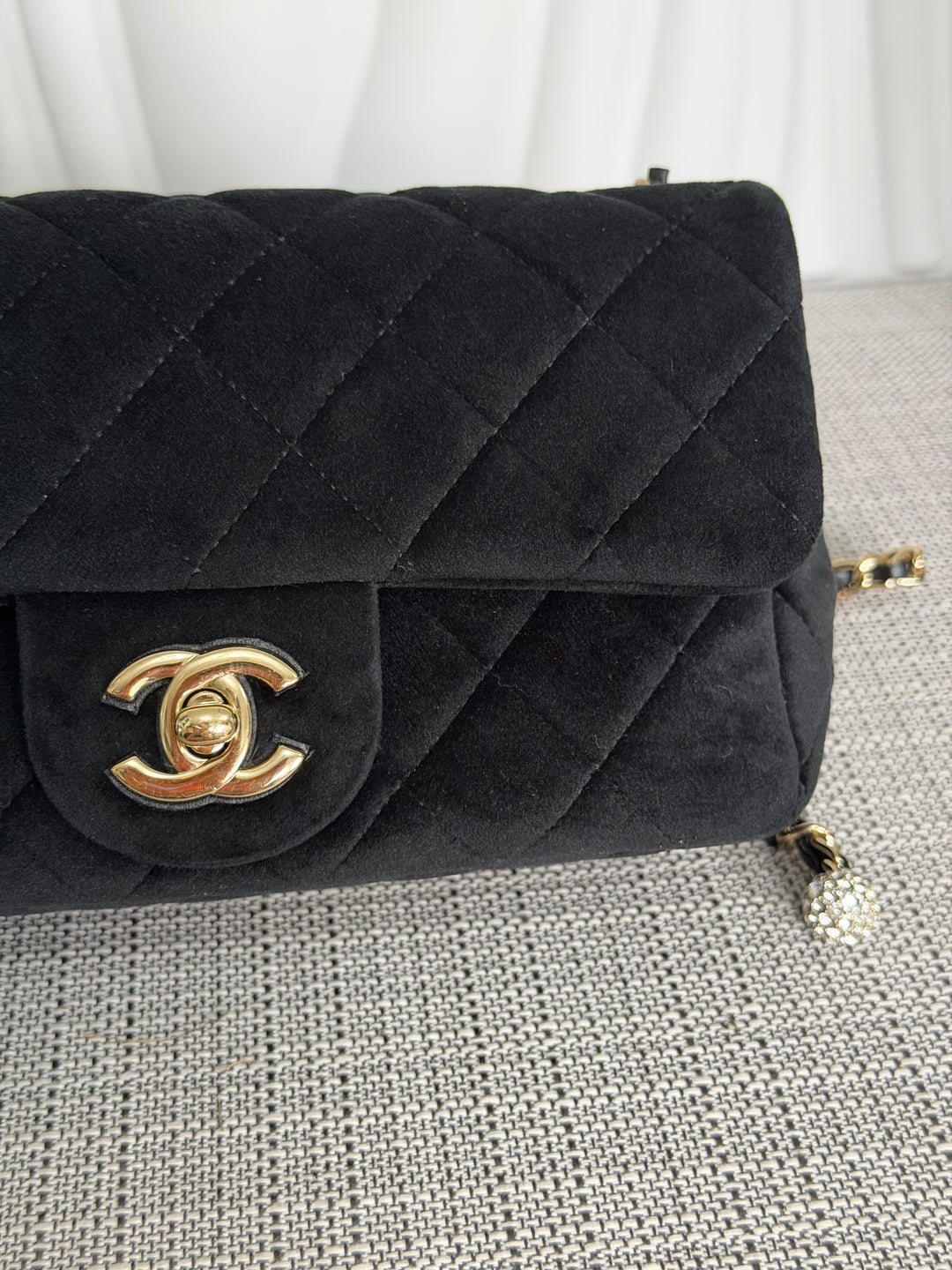 CHANEL series 30 2020 20K collection Black Velvet Crystal Pearl Crush Adjustable Strap LGHW Mini Rectangular Flap Bag