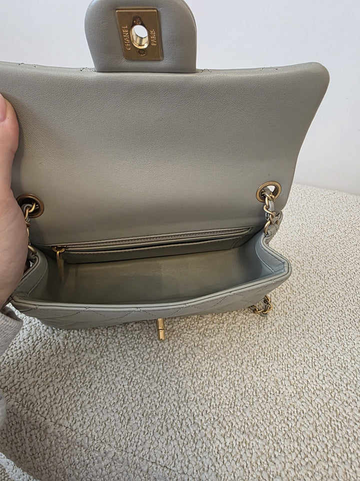 CHANEL Grey Lambskin Adjustable Chain Pearl Crush Mini Rectangular Flap Bag with Aged GHW