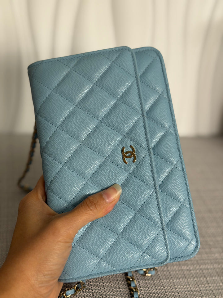 CHANEL 22S Collection 2022 Baby Blue/ Light Blue Caviar LGHW Classic Wallet on chain (WOC)