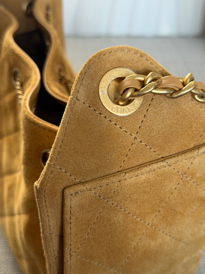 CHANEL 26C Dark Beige Camel Suede U5319 Aged GHW Mini 25 Hobo Bag