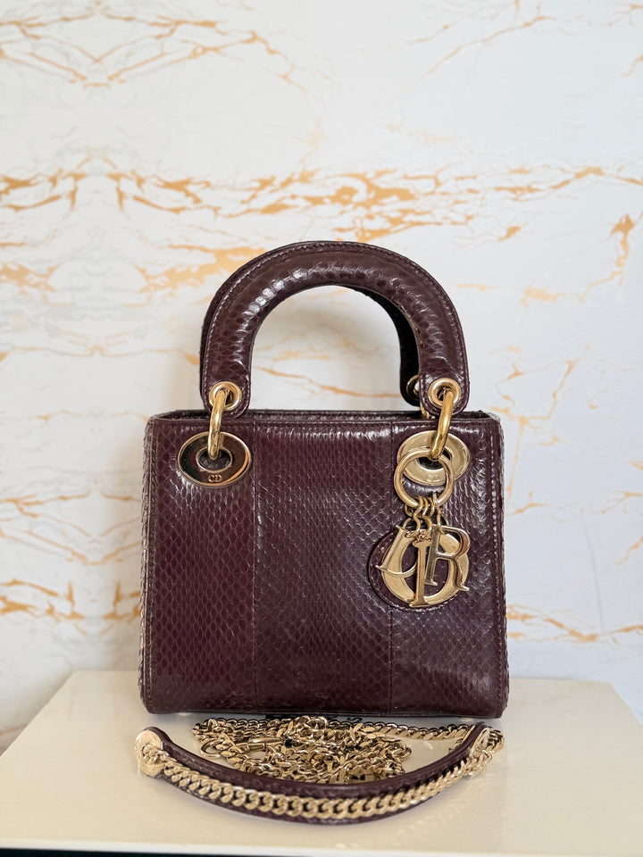 Dior Lady Dior MINI Burgundy Dark Red Python Leather 2018 LGHW