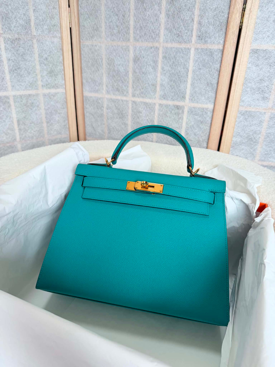 HERMÈS Kelly 28 Epsom Leather Sellier Special Order Bleu Paon GHW Stamp D 2019