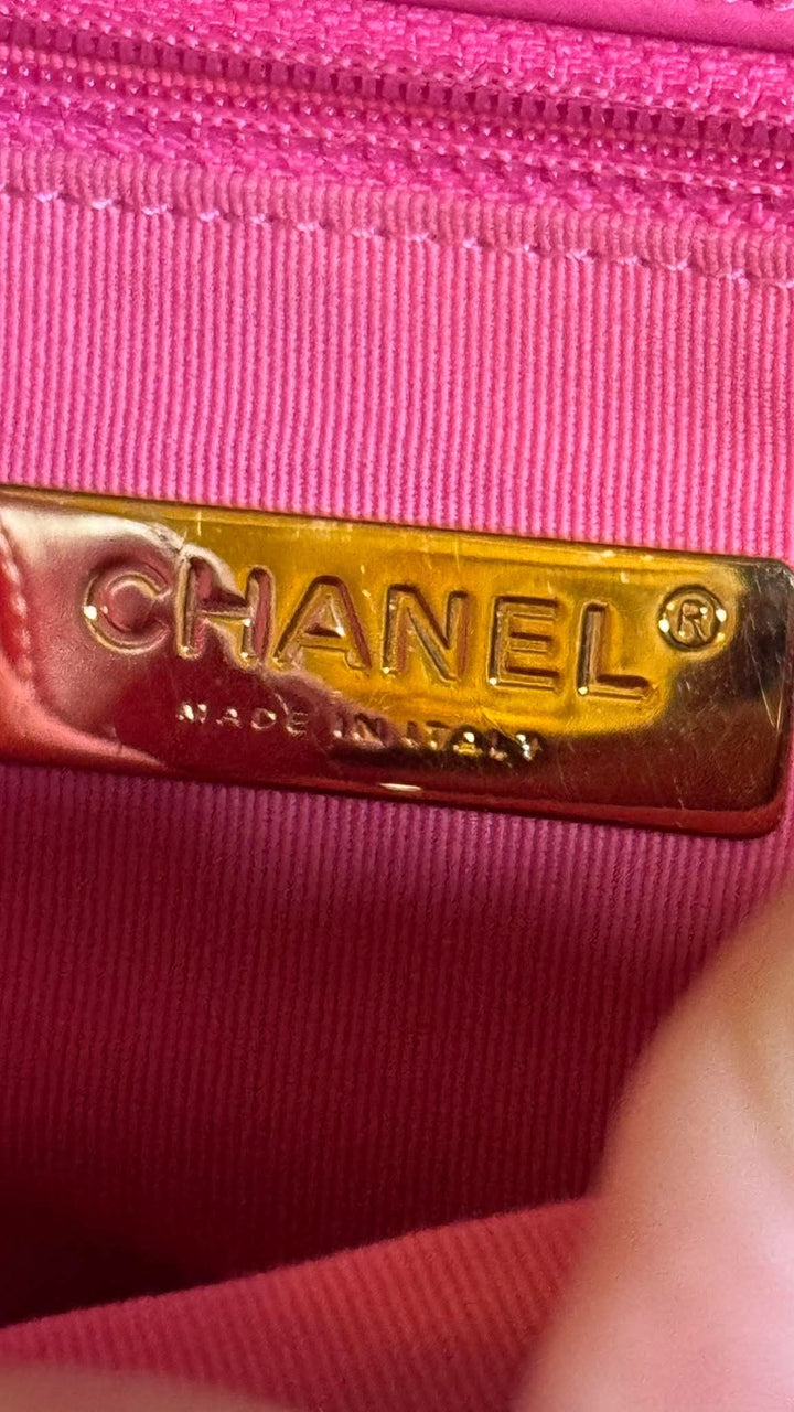 CHANEL 19 size Small in Hot Pink Lambskin Mixed Hardware Flap Bag Microchipped
