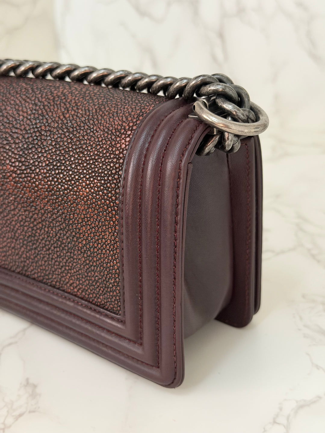 Chanel series 21 2015 Burgundy Lambskin Stingray SMALL Le Boy Flap Bag with Ruthenium HW