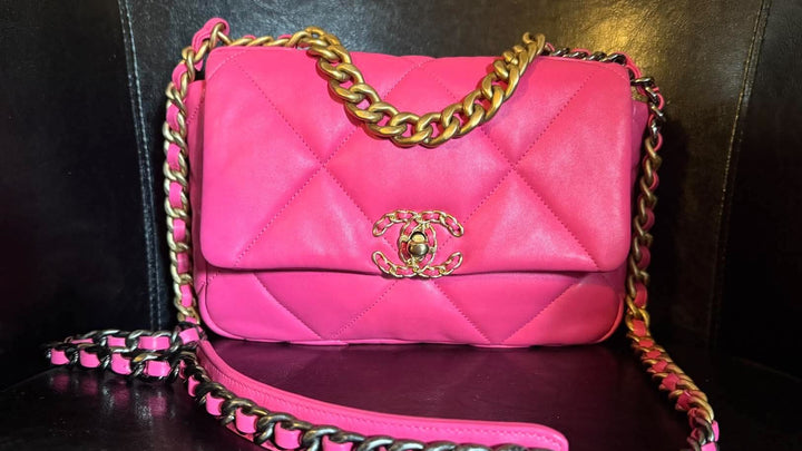 CHANEL 19 size Small in Hot Pink Lambskin Mixed Hardware Flap Bag Microchipped