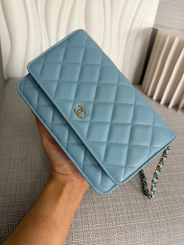 CHANEL 22S Collection 2022 Baby Blue/ Light Blue Caviar LGHW Classic Wallet on chain (WOC)