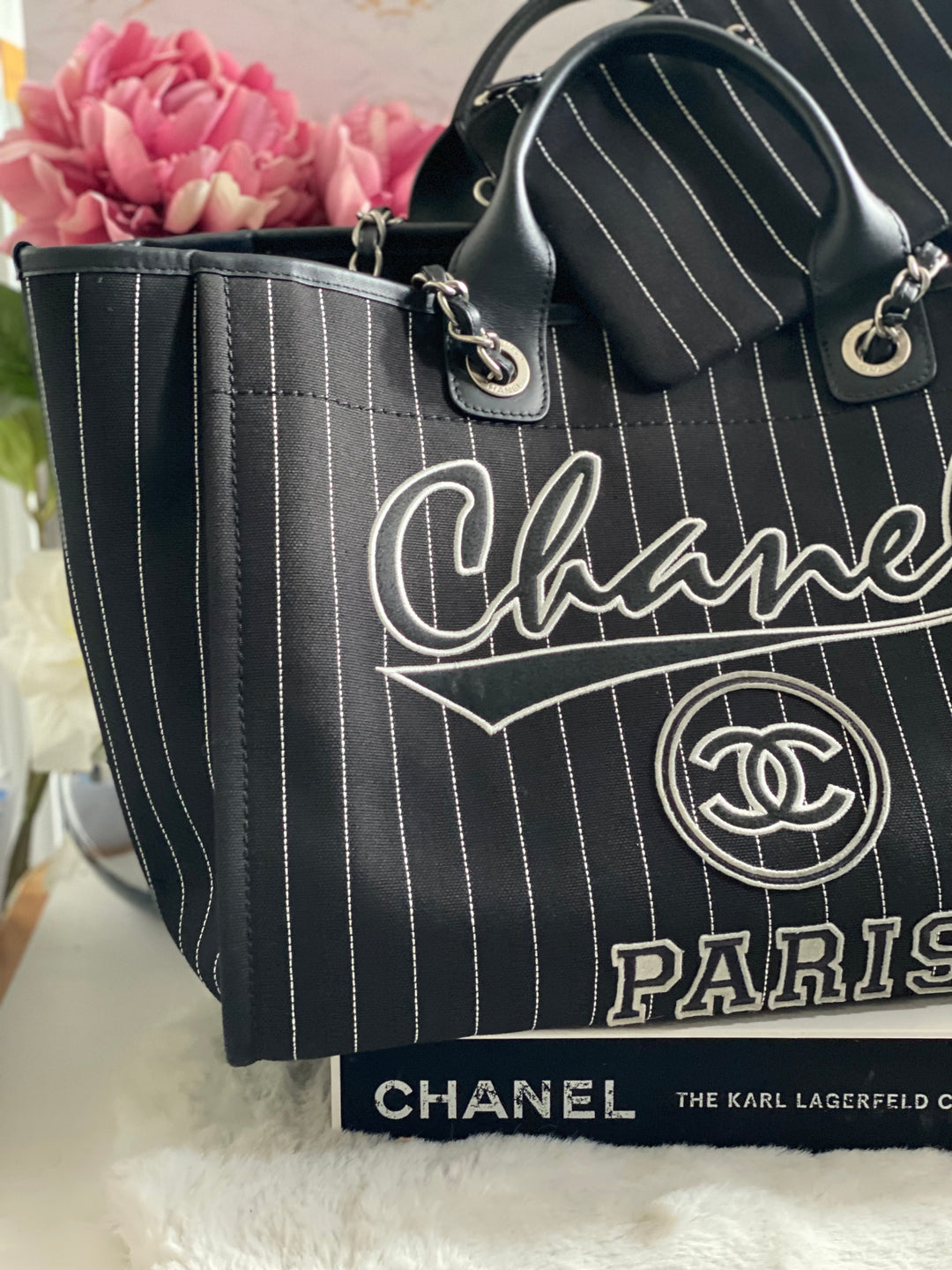 Chanel 23P 2023 collection in Black/White Stripe Canvas Deauville Tote with Top Handle and detachable pouch size Medium (15 inches)