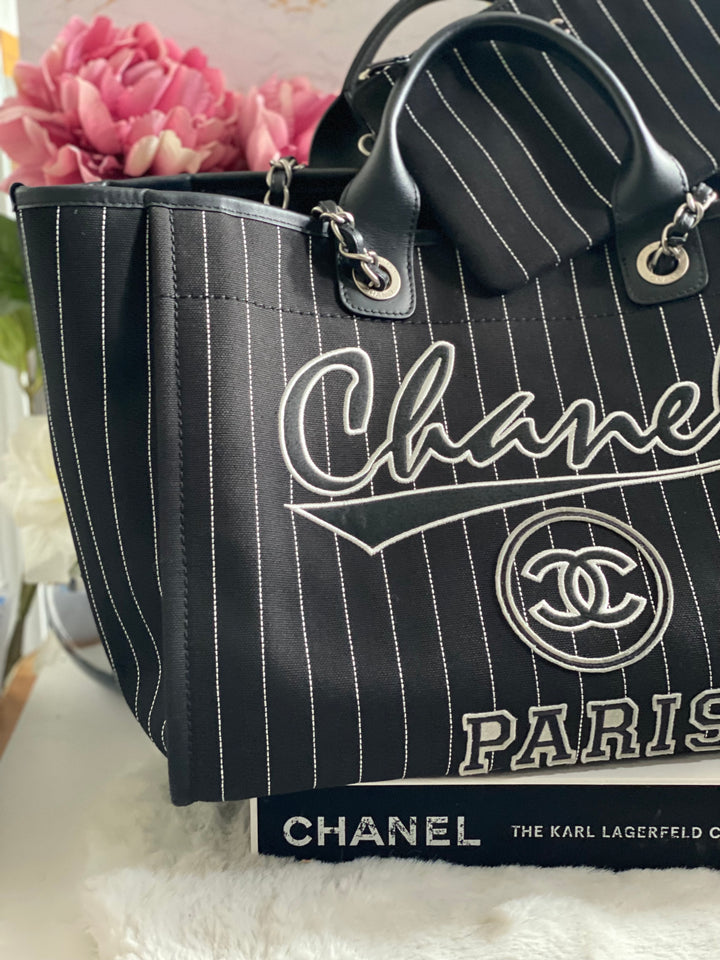 Chanel 23P 2023 collection in Black/White Stripe Canvas Deauville Tote with Top Handle and detachable pouch size Medium (15 inches)