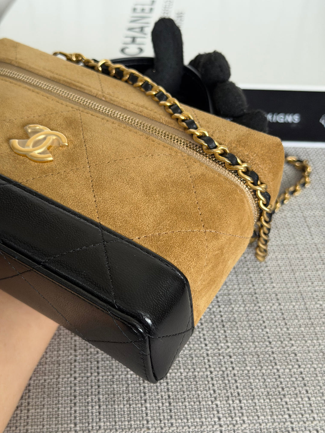 CHANEL 26S Beige Suede Black Calf skin aged GHW Long Vanity Case with Detachable Chain and top handle 2026