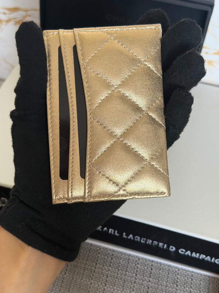 CHANEL Gold Metallic Lambskin LGHW Classic Flat Card Holder 2022