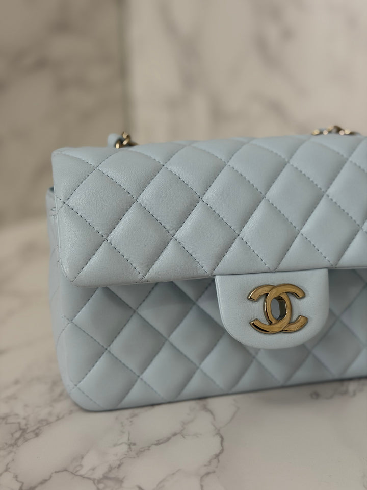CHANEL 25S collection 2025 Light Baby Blue Lambskin LGHW Mini Rectangular Flap Bag