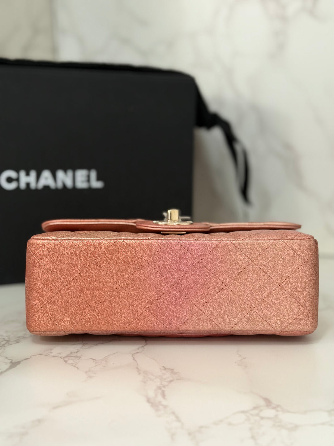CHANEL 21S Ombré Rose Gold Metallic Copper Lambskin LGHW Mini Rectangular Flap Bag 2021