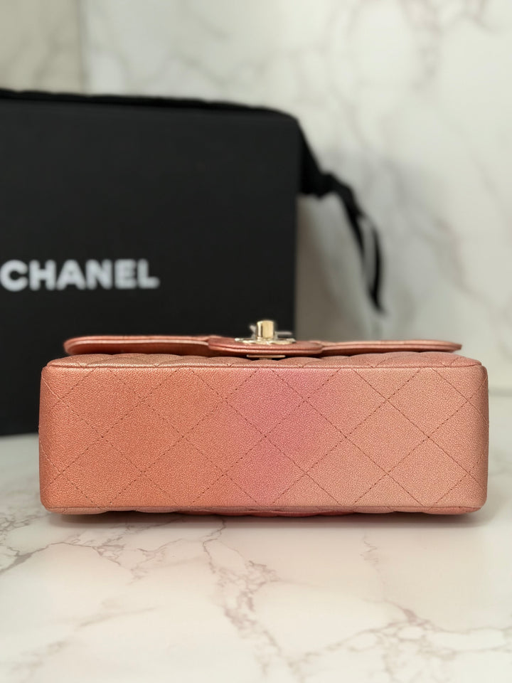 CHANEL 21S Ombré Rose Gold Metallic Copper Lambskin LGHW Mini Rectangular Flap Bag 2021