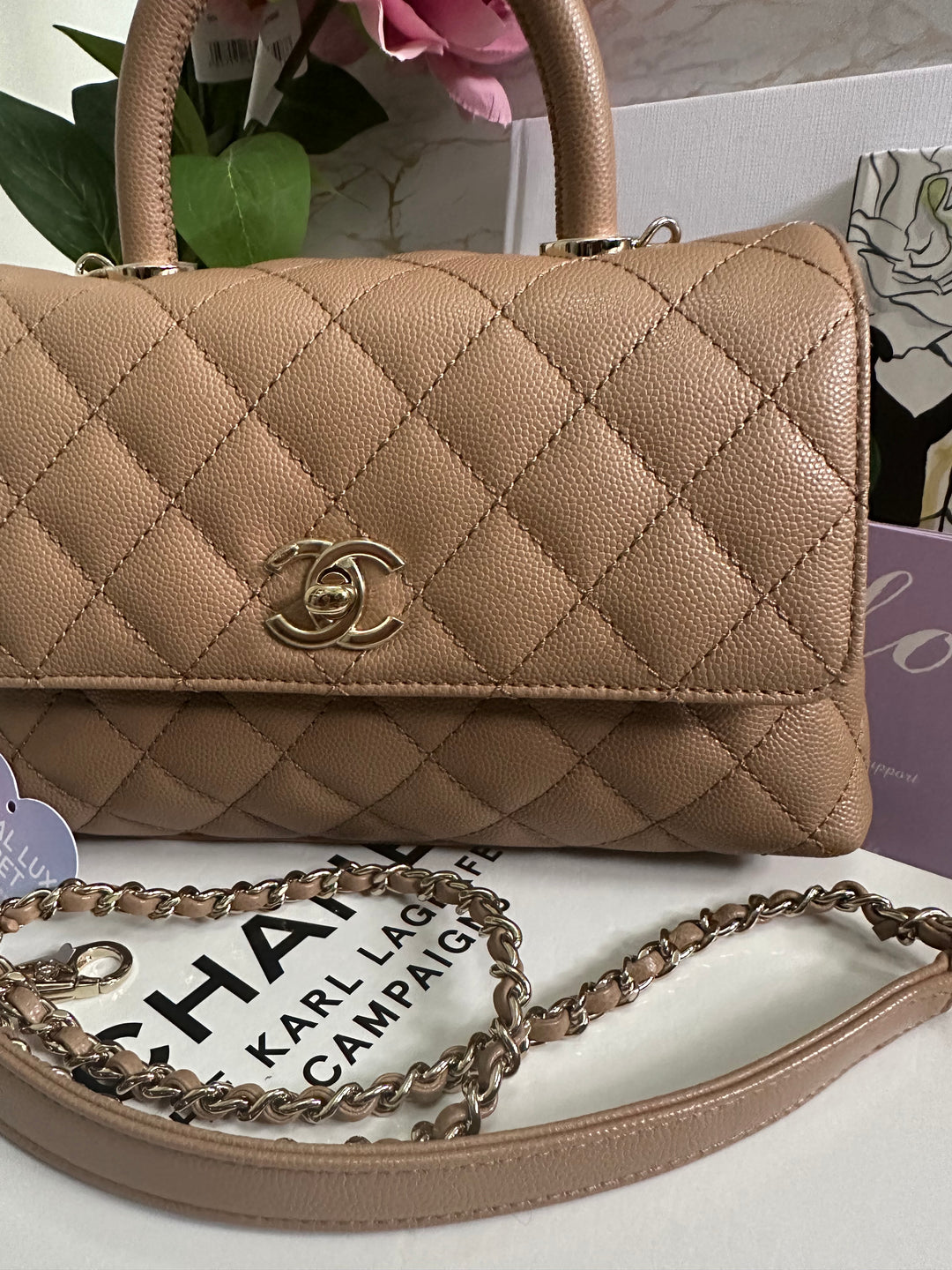 Chanel 22K Pre Fall/Winter 2022 Dark Beige Caviar LGHW Coco Handle Size Small with detachable strap
