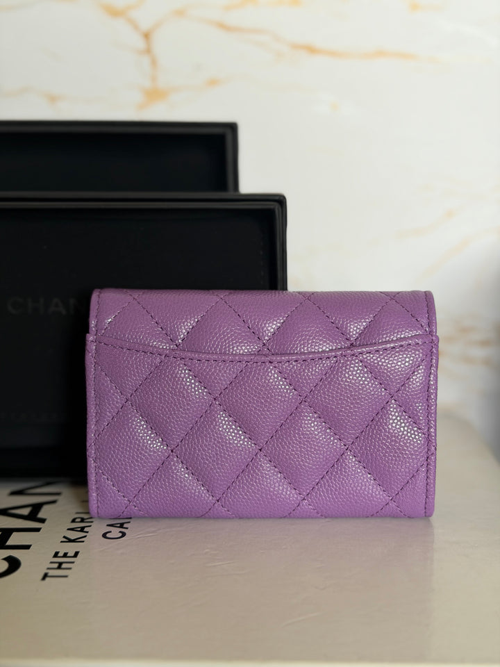 CHANEL series 31 Purple Caviar LGHW Classic Flap Snap Card Holder with Mona Lisa Pocket
