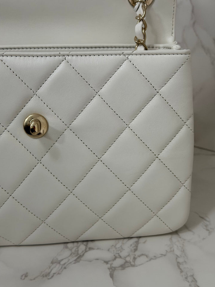 CHANEL 23S collection 2023 White Lambskin LGHW Trendy CC Flap Bag size Small with raised CHANEL Engraved Plate Top Handle