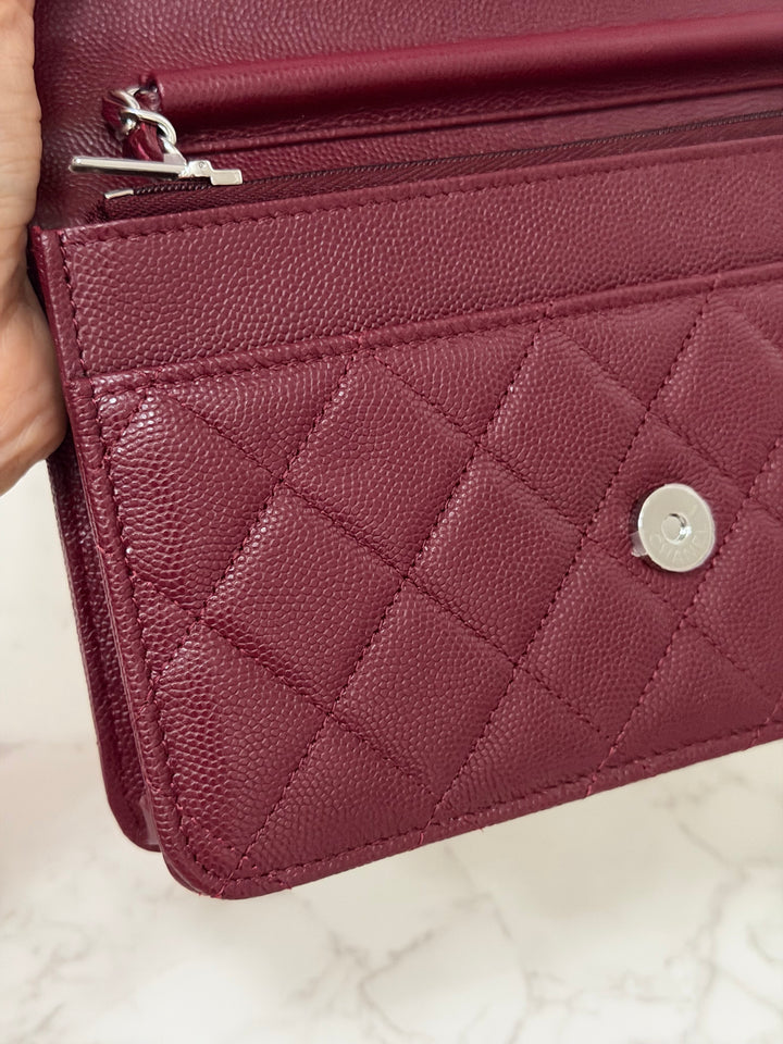 CHANEL 2024 Burgundy Caviar SHW Classic Wallet on chain (WOC) with crystal CC Logo