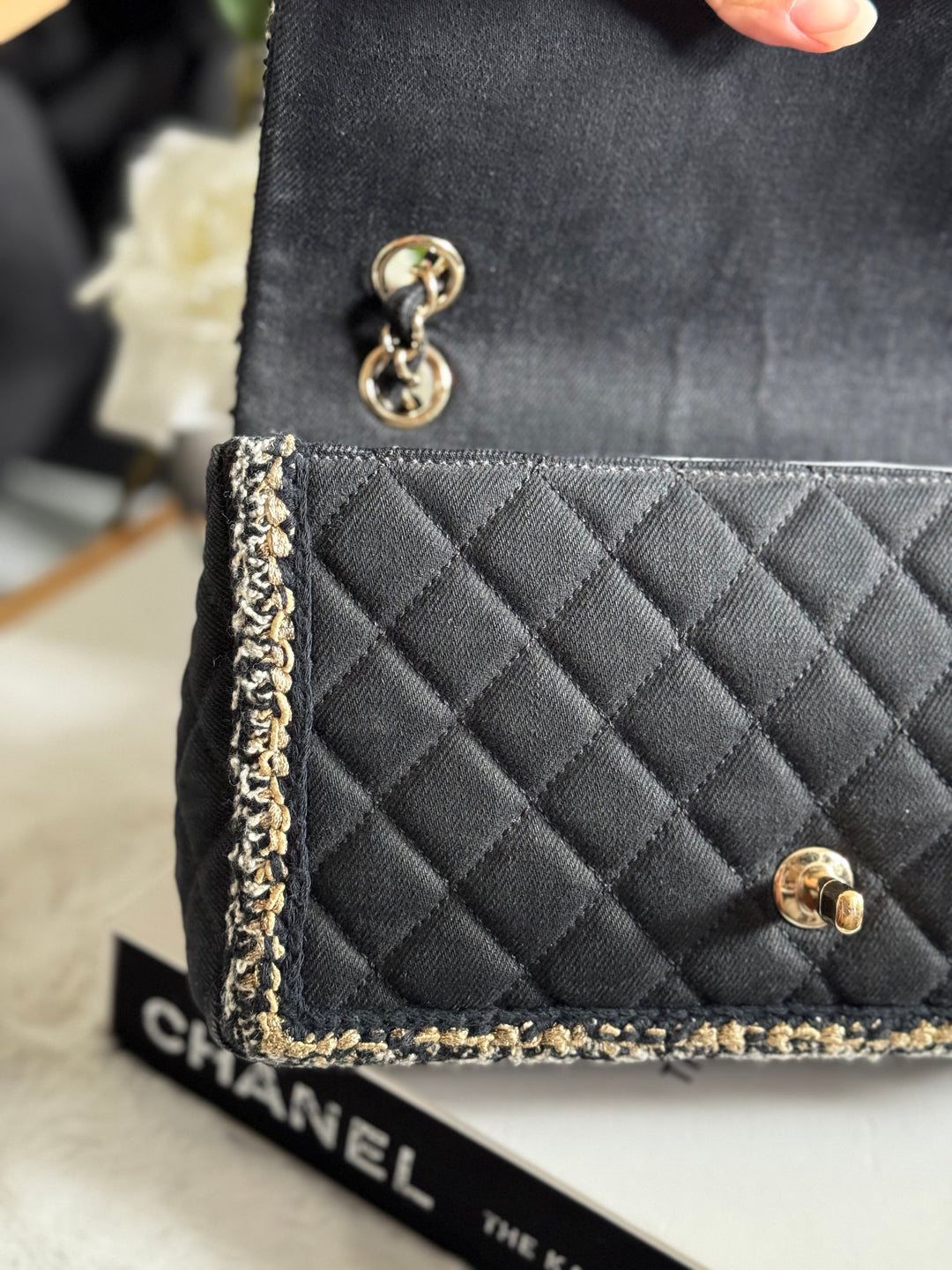 Chanel series 26 Black Denim LGHW Braided in Gold/White/Black Medium Flap Bag