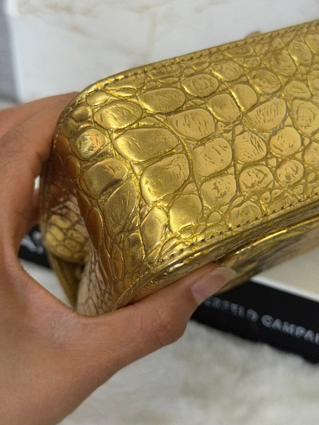 CHANEL series 28 19A Metiers d'Art collection Gold Croc Embossed Calf Skin Mini Rectangular Flap Bag with Aged GHW 2019 RARE