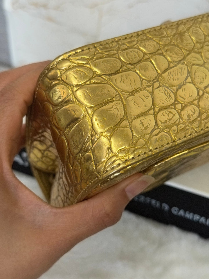 CHANEL series 28 19A Metiers d'Art collection Gold Croc Embossed Calf Skin Mini Rectangular Flap Bag with Aged GHW 2019 RARE