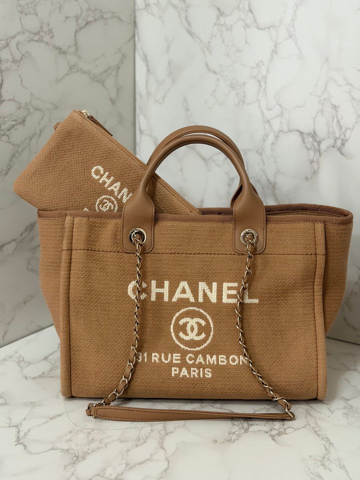 CHANEL 24P collection 2024 Beige Tweed Deauville Tote size Small with top handle LGHW and pouch