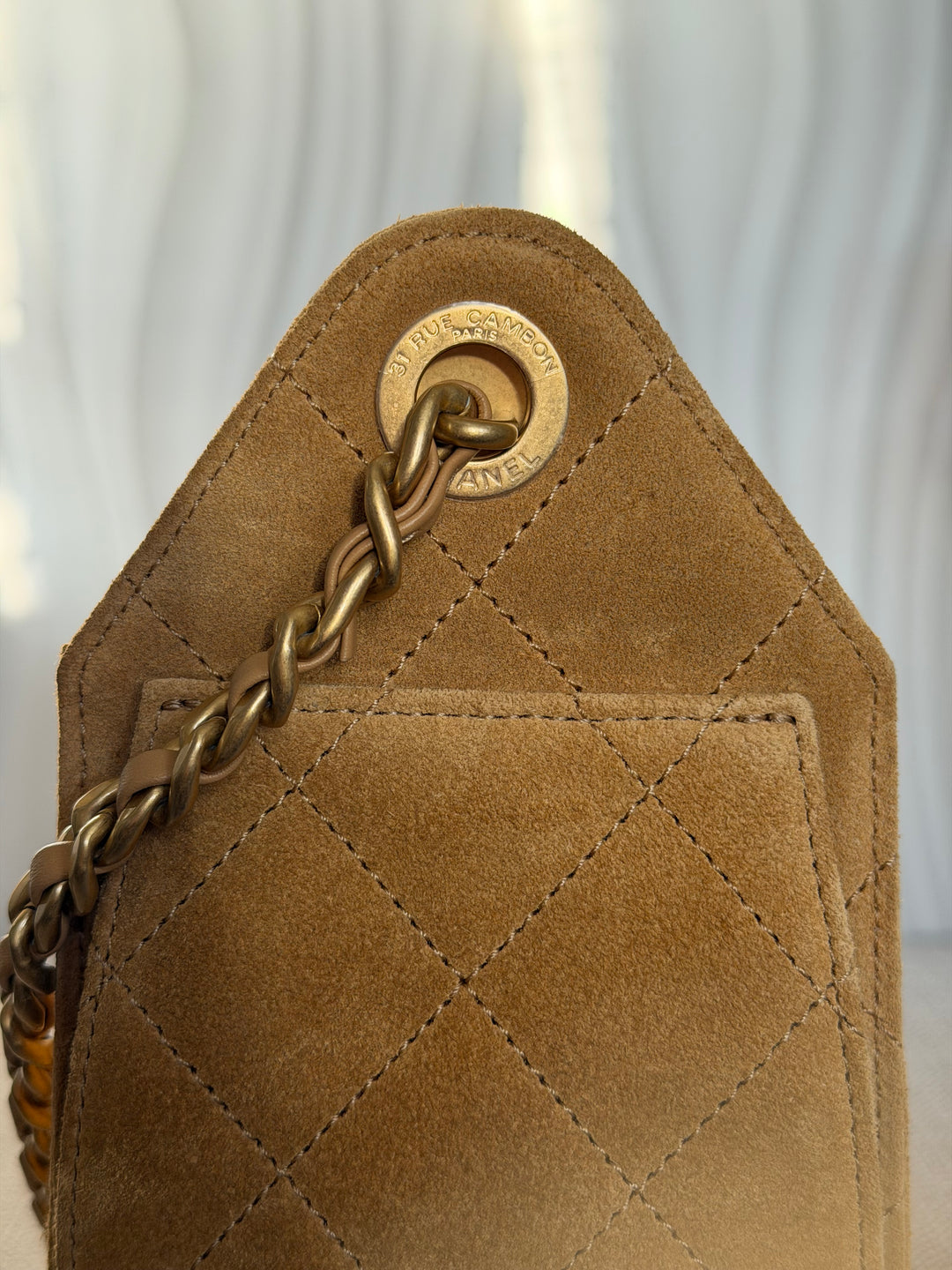 CHANEL 26C Dark Beige Camel Suede U5319 Aged GHW Mini 25 Hobo Bag