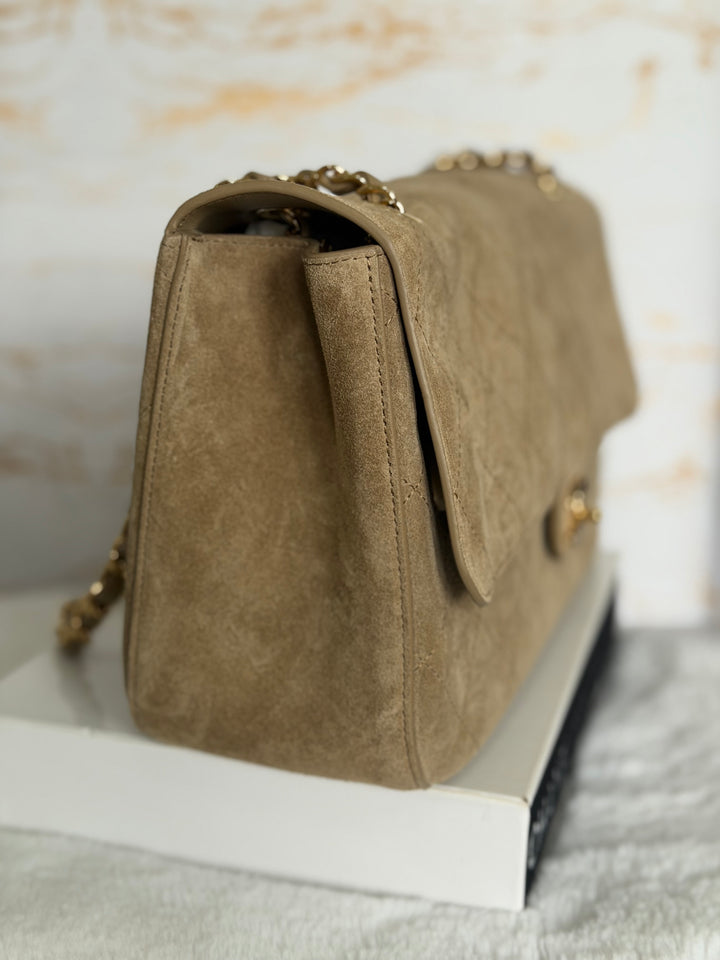 CHANEL 26S Beige Suede Leather LGHW Maxi Flap Bag 32 cms