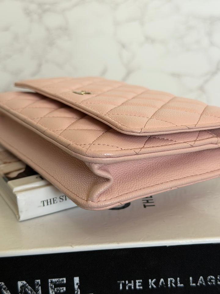 CHANEL Light pink/Nude pink caviar LGHW Classic Wallet on chain (WOC) 2024