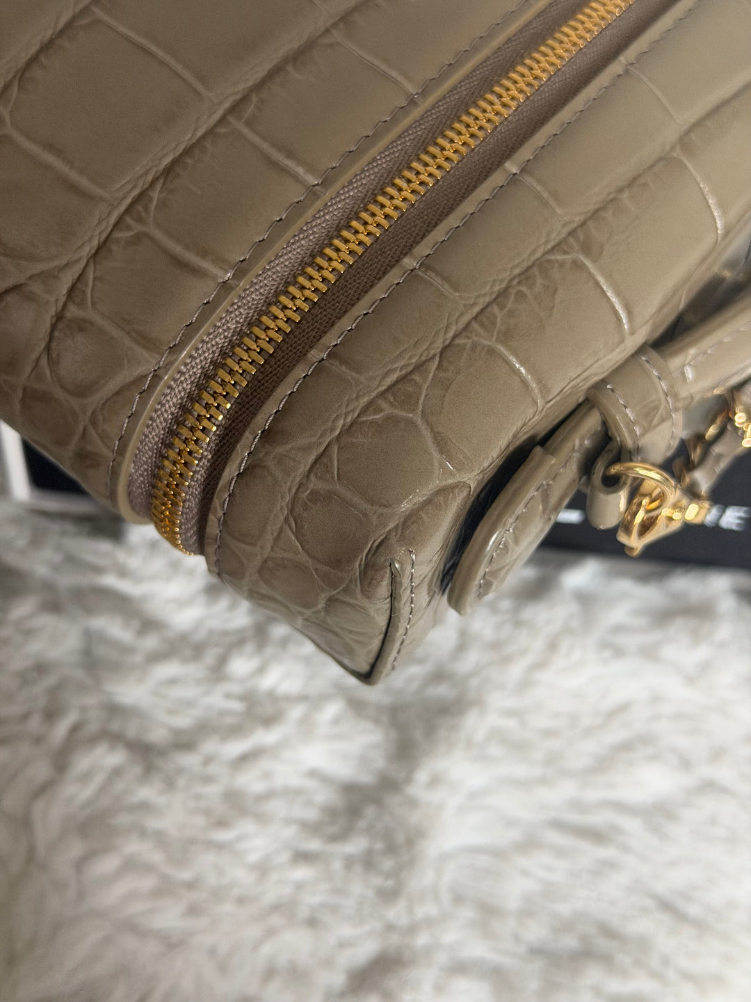 CHANEL 26A Etoupe Khaki Croc Embossed Calf skin LGHW LP Long Vanity size Medium 23 cms with detachable chain 2026