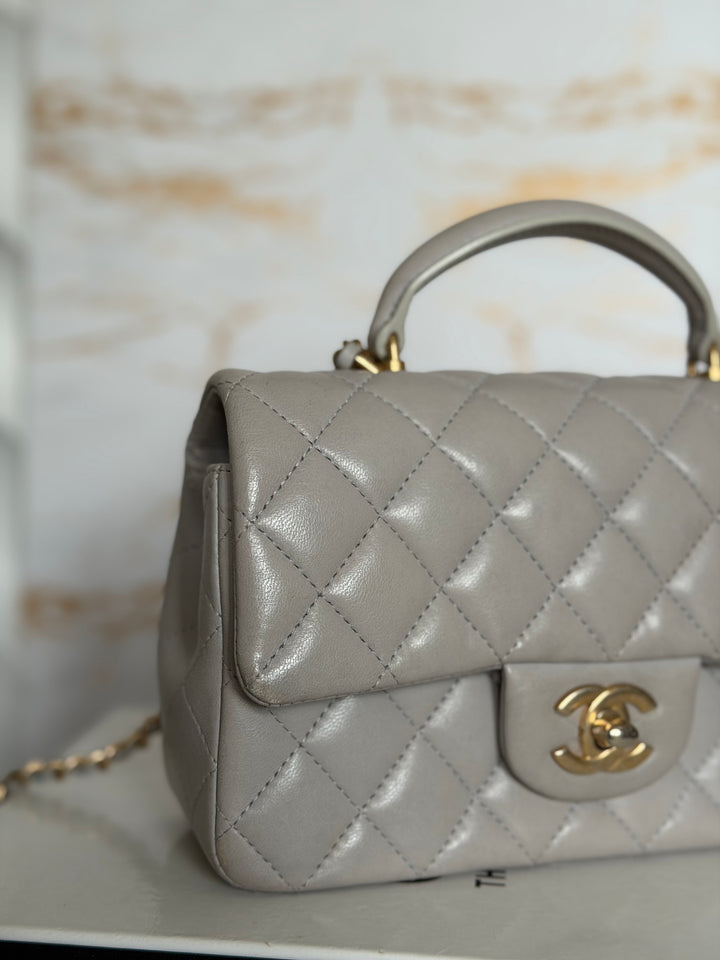 CHANEL Grey Lambskin aged GHW Mini Rectangular Flap bag Top Handle 2021 21A collection