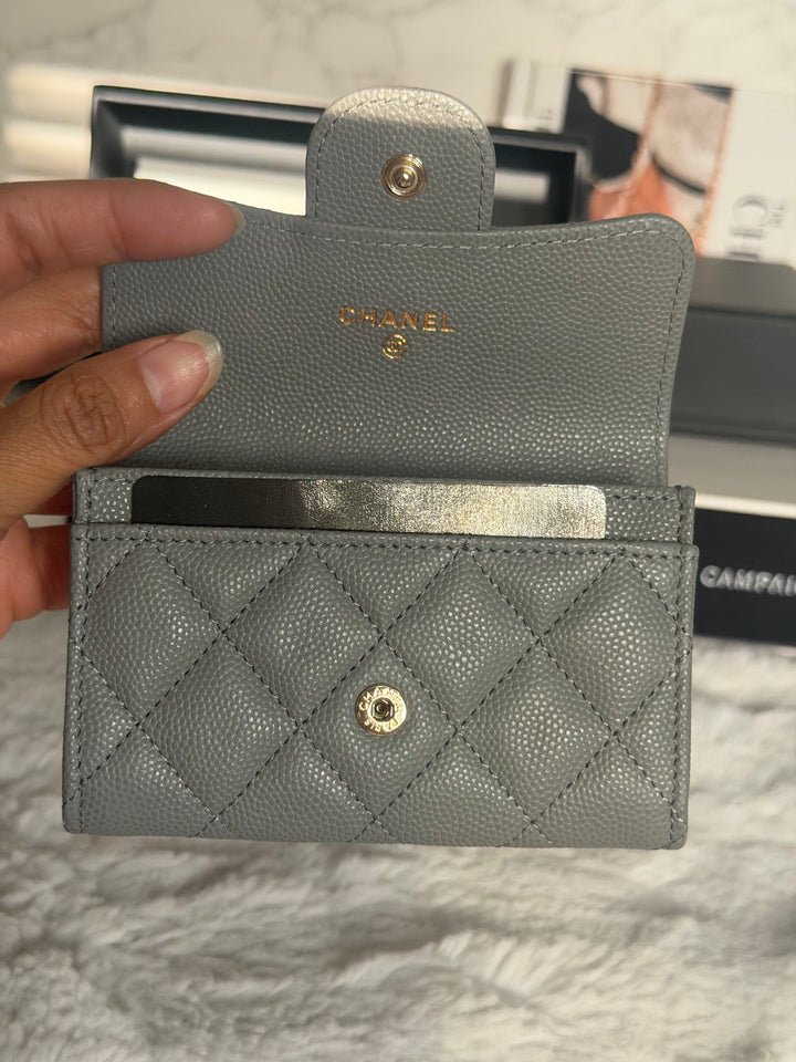 CHANEL 22B Grey Caviar LGHW Classic Flap Snap Card Holder 2022