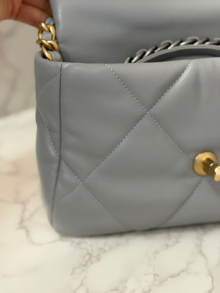 CHANEL 19 size Small Grey Lambskin Mixed Hardware 21B 2021 Flap Bag with Top Handle