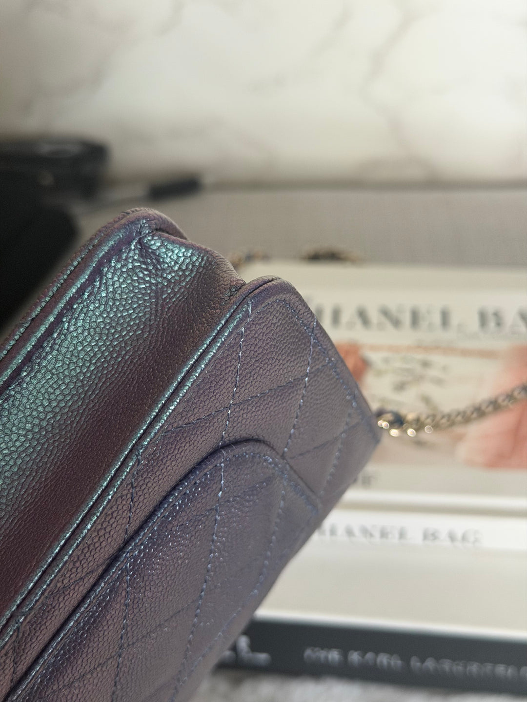 CHANEL 22P Iridescent Purple Caviar LGHW 2022 Classic Wallet On Chain (WOC)