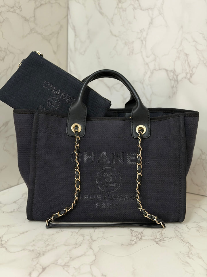 CHANEL 22B 2022 Black Tweed Deauville Tote size Small with Top Handle LGHW and Detachable Pouch