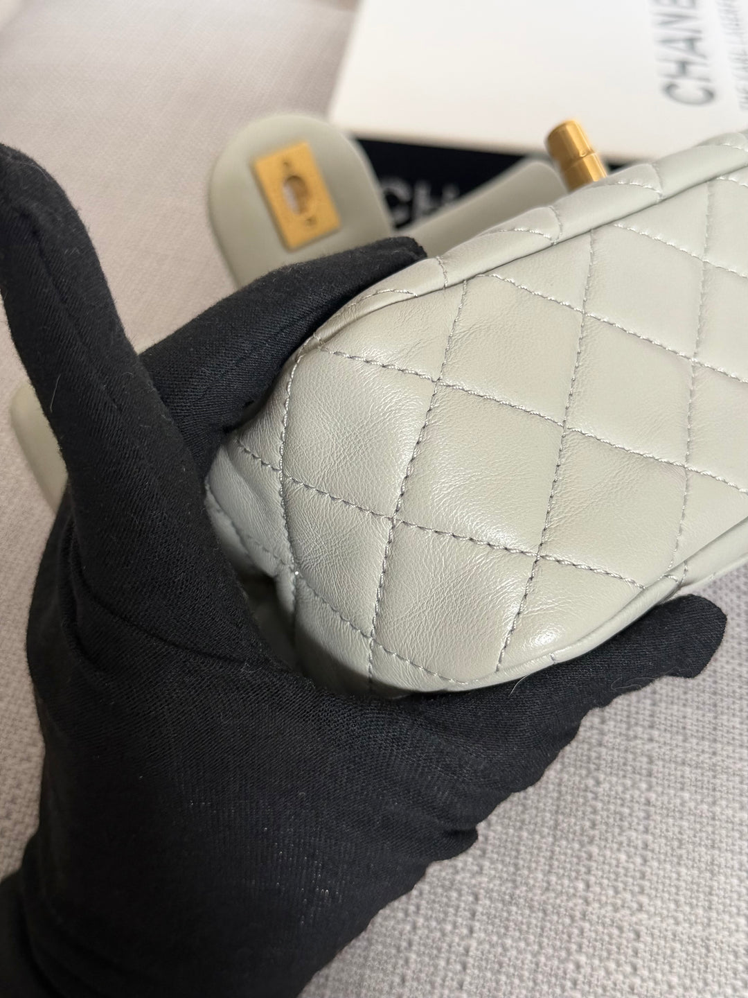 CHANEL Grey Lambskin Aged GHW Pearl Crush Adjustable Chain Mini Rectangular Flap Bag 2021